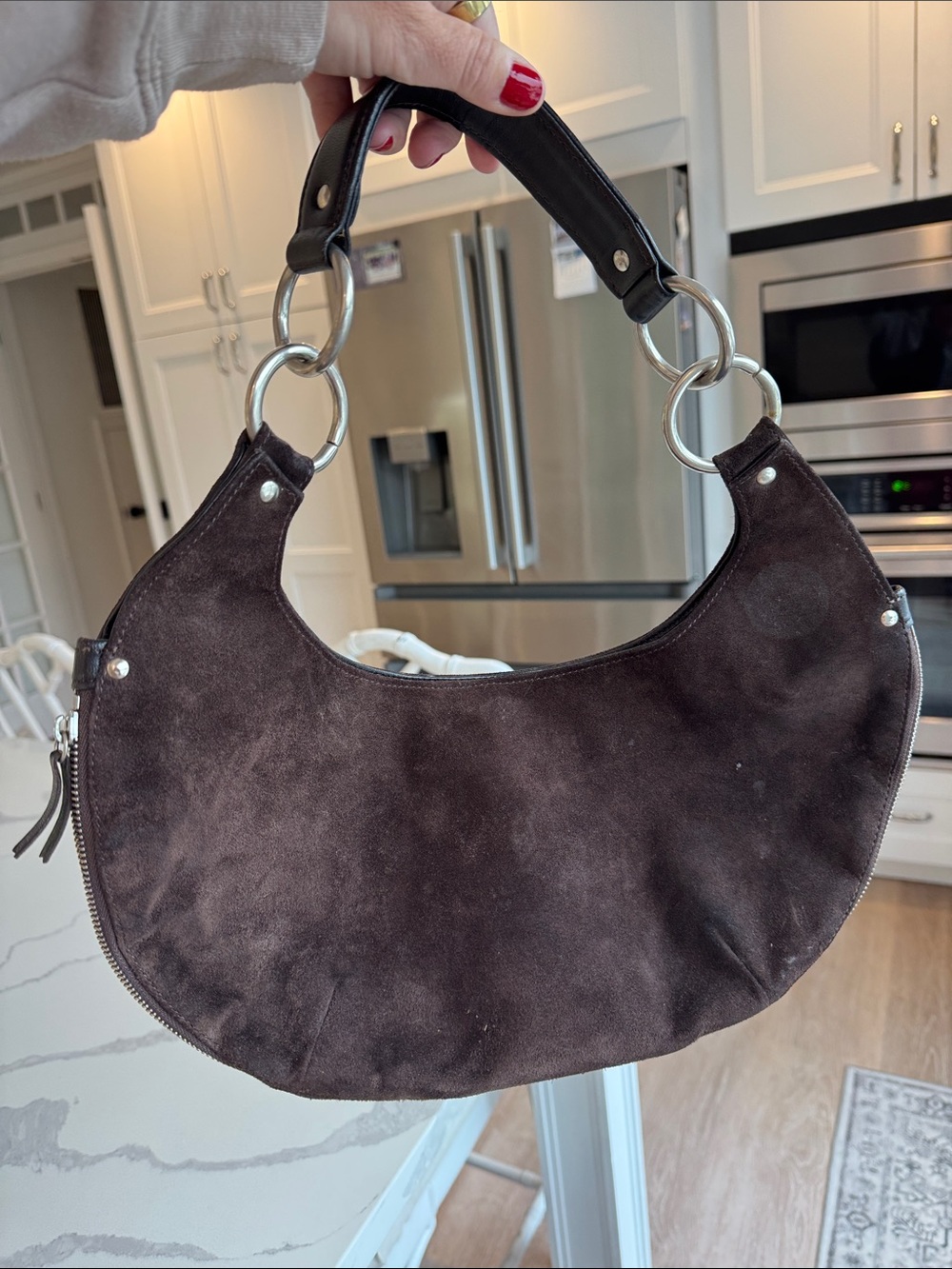 Michael Kors Vintage Brown Suede Hobo Shoulder Bag Expandable Zip Bottom Silver